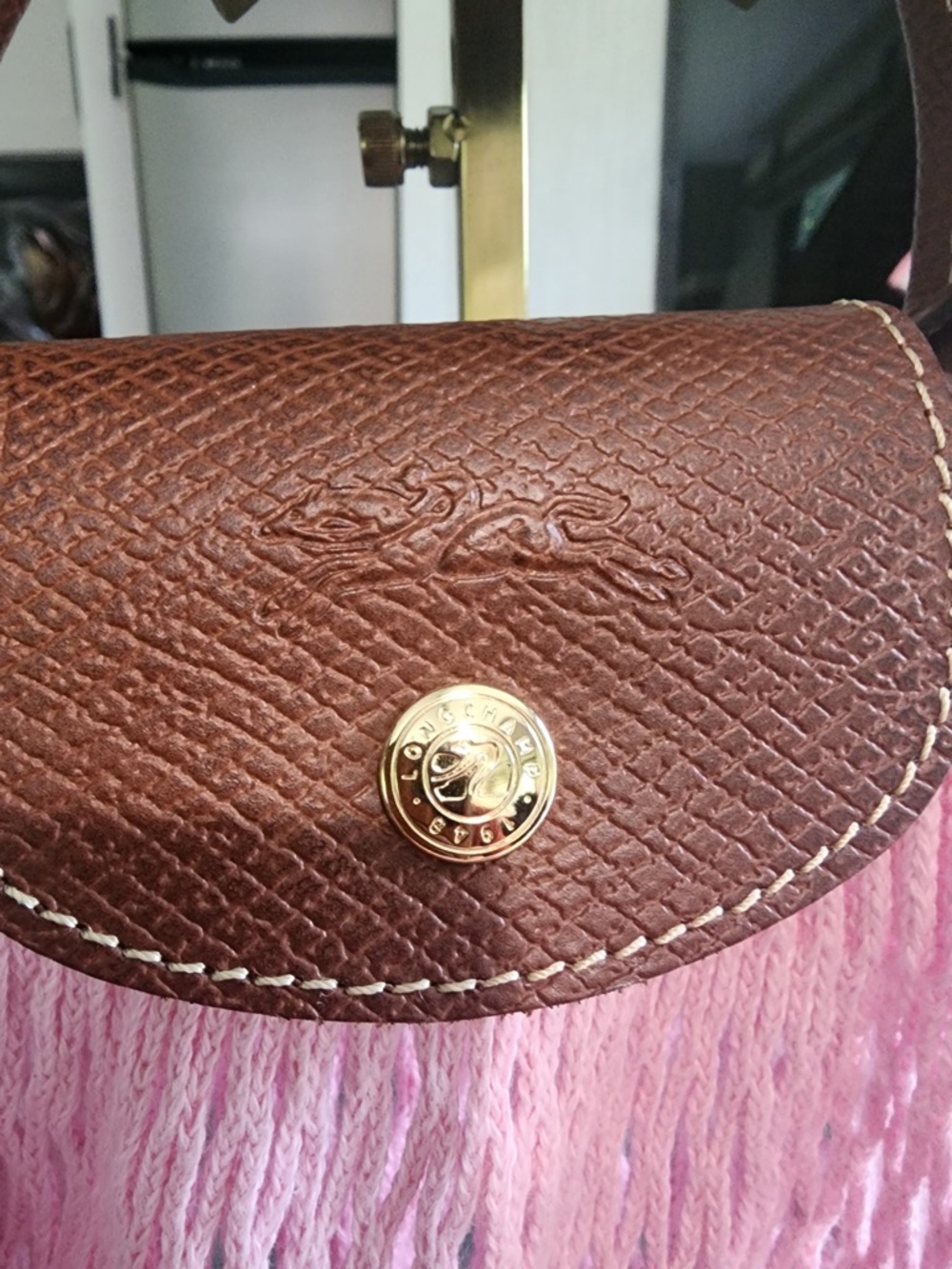 Longchamp X Filt Pink Mesh Tote with Brown Leather Trim - Picture 3 of 4